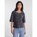 PIECES Damen Top PCKAM Restudsalg Magnet Black silver sequins